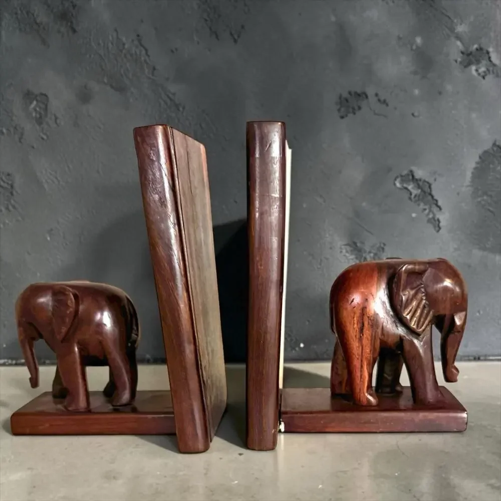 Vintage Wooden Elephant Bookends | Carved Elephant Shelf Decor Pair